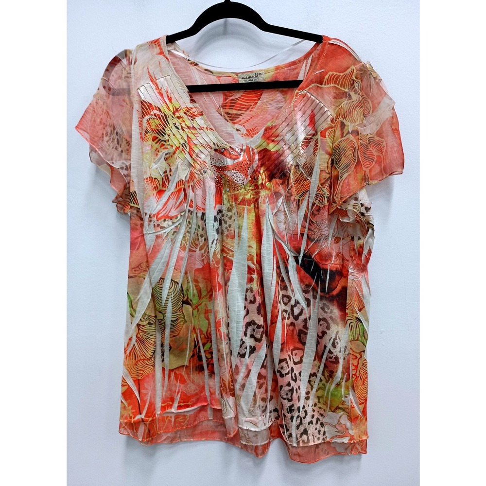One World Top Womens 3X Orange Abstract Art Embellished Flutter Sleeve Boho